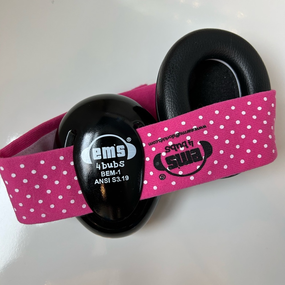 em’s 4 buns infant headphones pink and while polka dot Velcro headband Used once